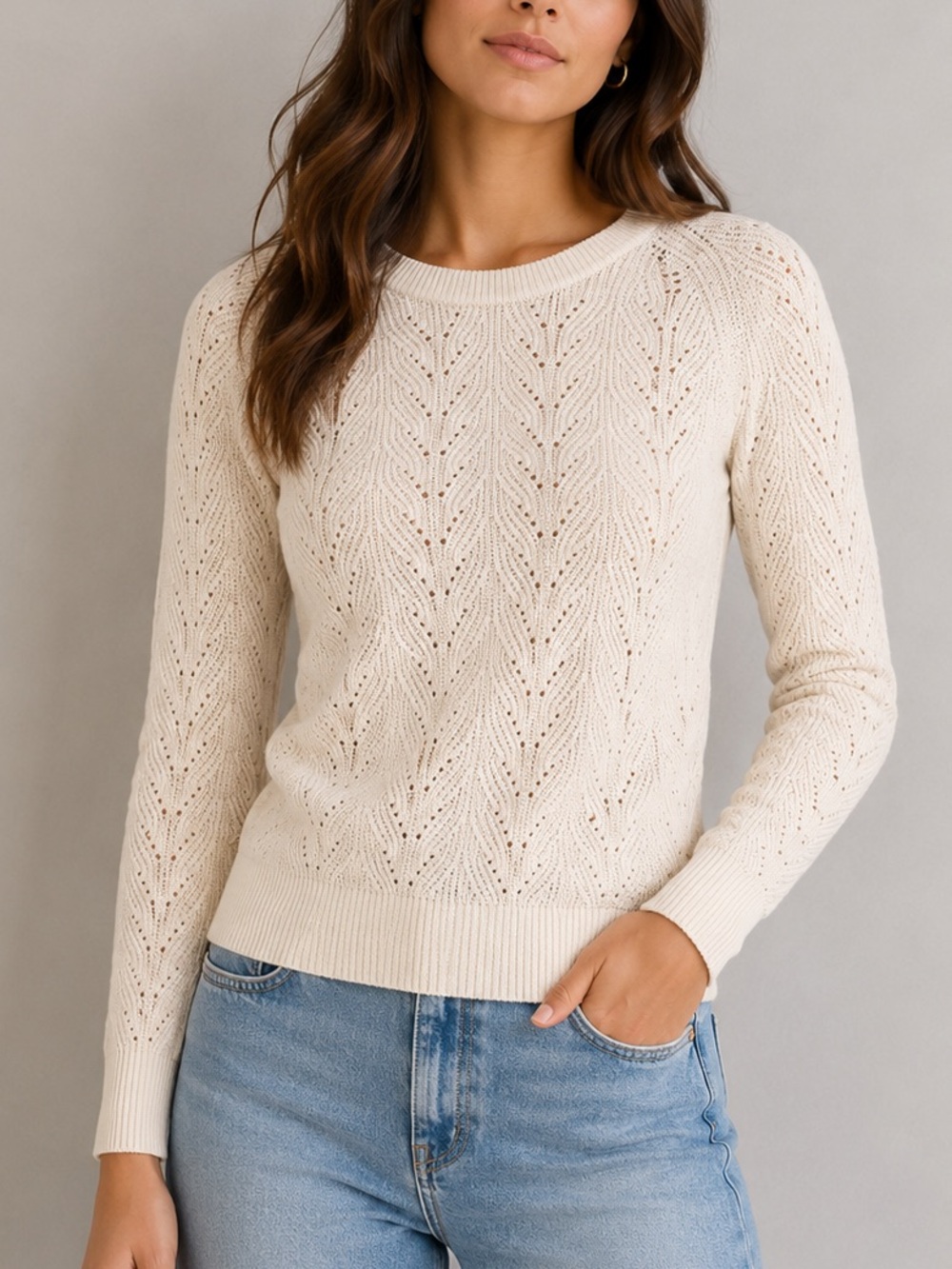 Reitmans Crew Neck Knit Sweater Cream Long Sleeve Soft Stretch Top Size Small